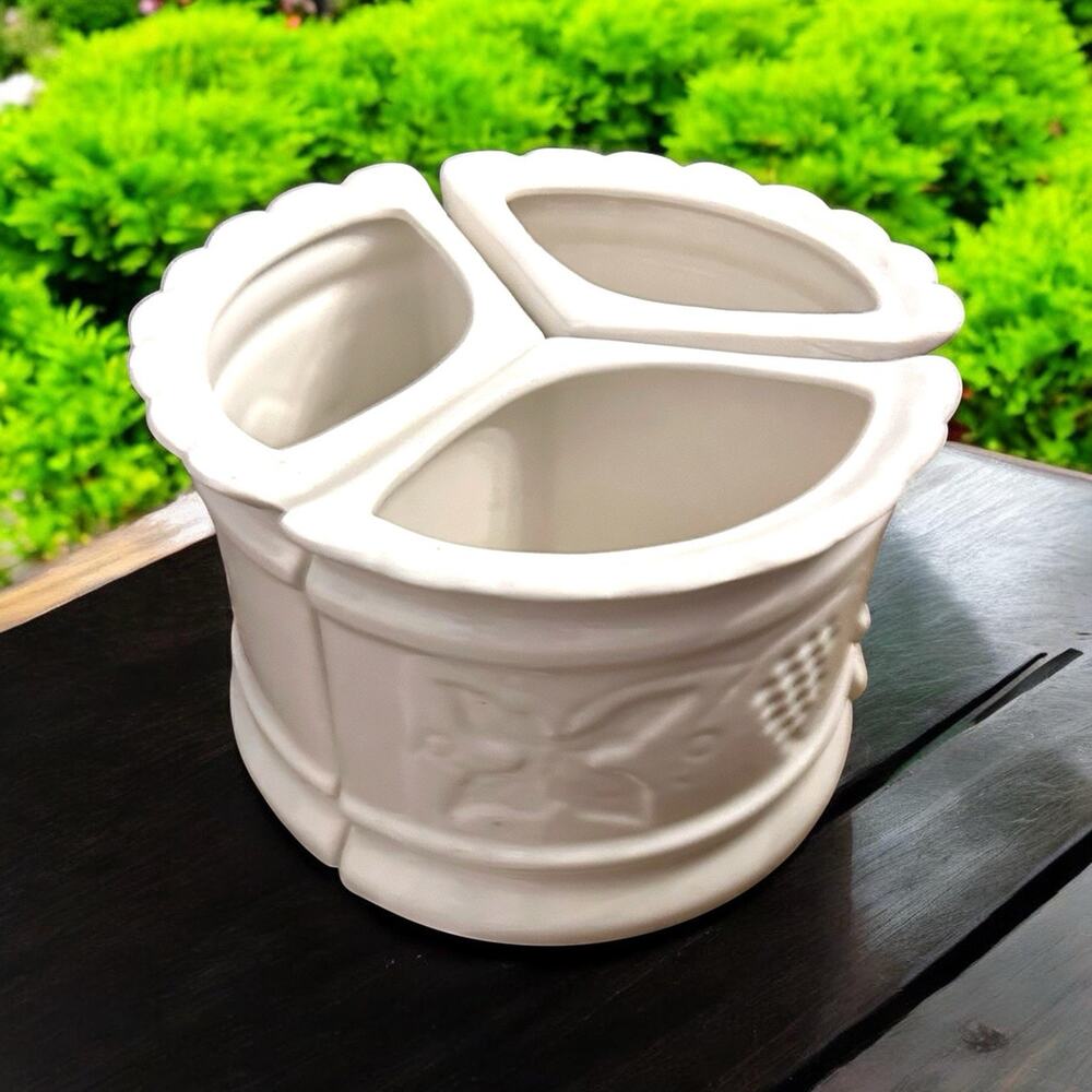 Lg Vintage 3 Section Planter/cachepot Ceramic- Embossed Grapes Butterfly 12x7.5